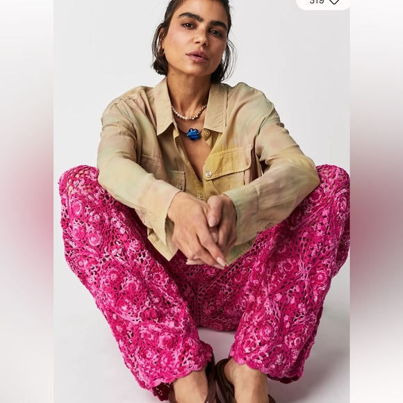 Free People Soana Crochet Trousers Ribbed Trimming Unlined Zip Fly Hot